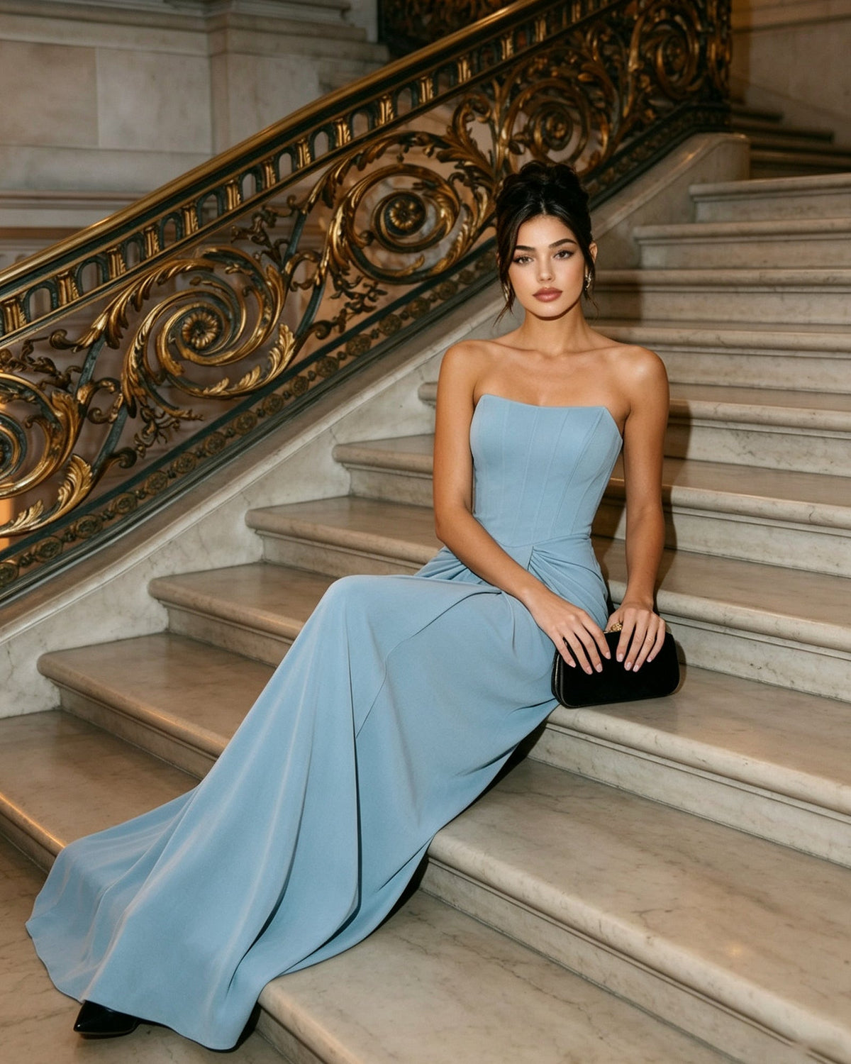 strapless column formal dress with draped waist detail - image 3