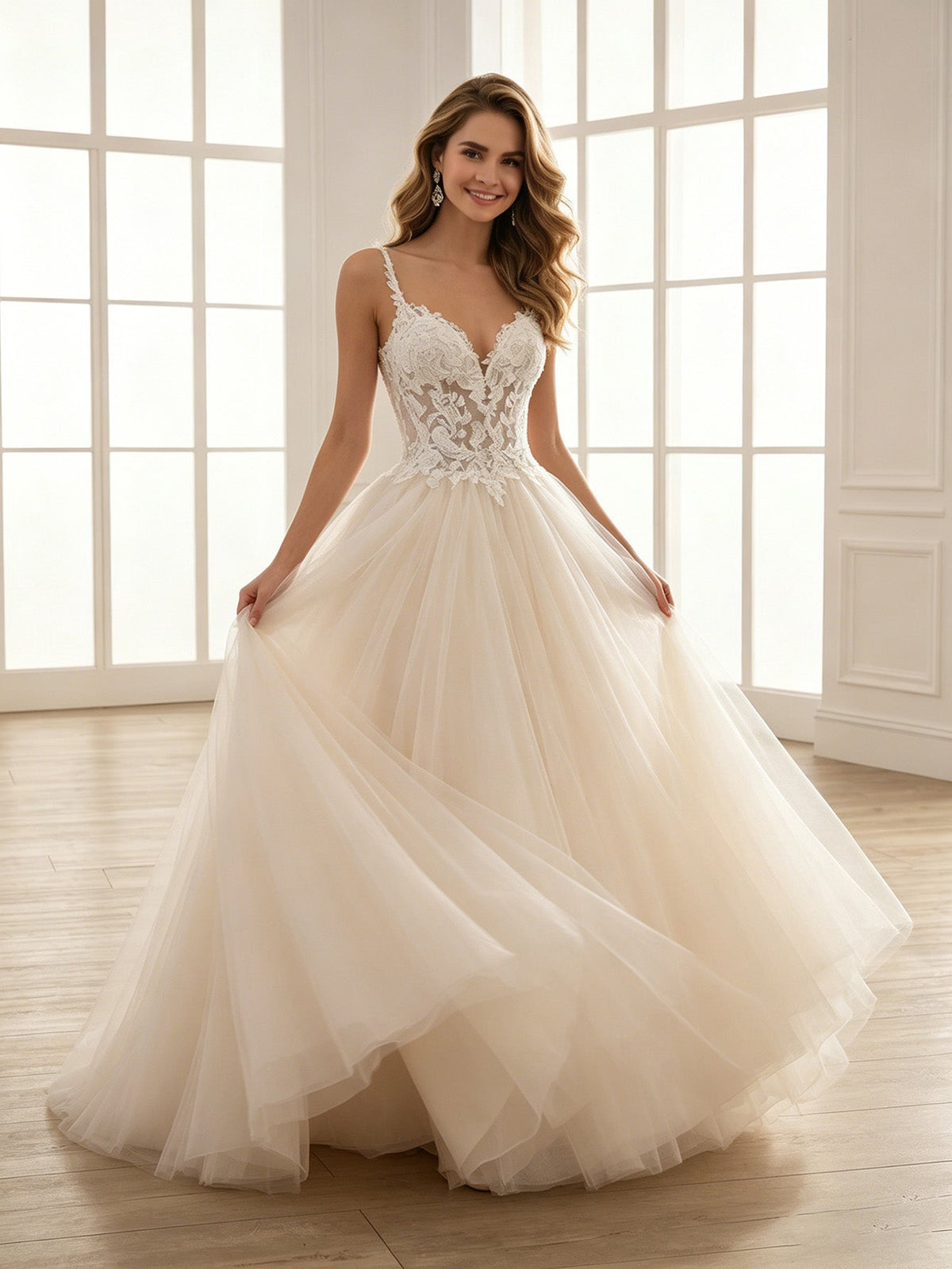 Ivory lace tulle ball gown wedding dress with corset-style lace bodice and full skirt