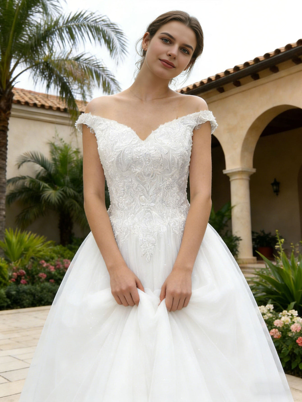 White off-shoulder lace tulle wedding dress with sweetheart neckline, bodice detail