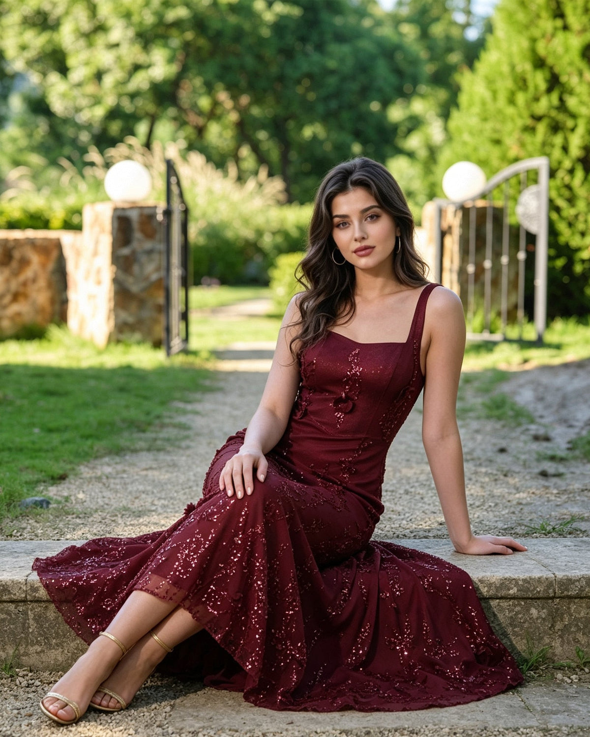 Burgundy square-neck sequin lace midi formal dress with floral applique, mermaid silhouette