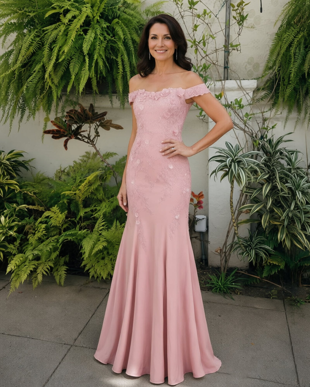 Blush pink off-shoulder lace mermaid dress with fitted waist and trumpet skirt