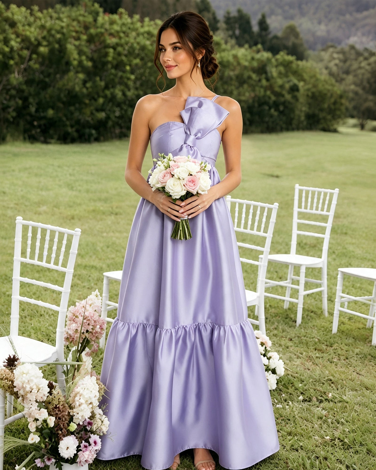 one-shoulder satin a-line bridesmaid dress with statement ruffle - bridal party styling view