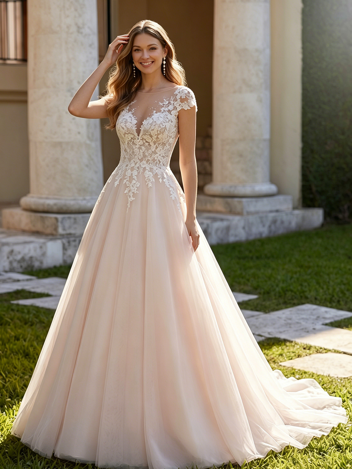 cap sleeve lace tulle A-line wedding dress with V-neck bodice - image 3