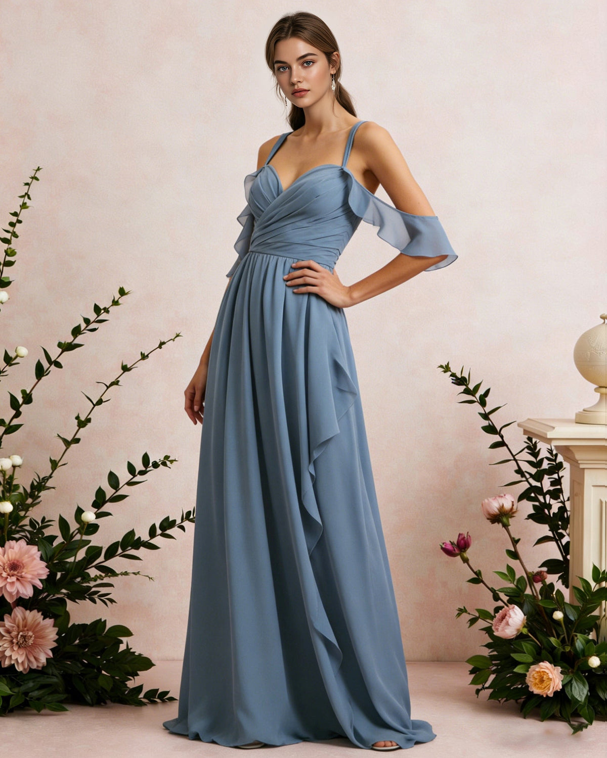 Sky-blue chiffon cold-shoulder maxi dress with draped V-neck bodice and folded sleeve detail
