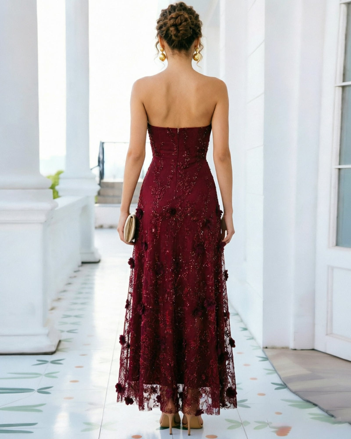strapless floral applique lace formal dress with side slit - image 3