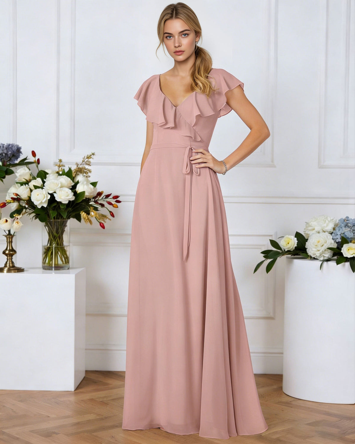 tie neck chiffon bridesmaid dress with flutter sleeves - image 3