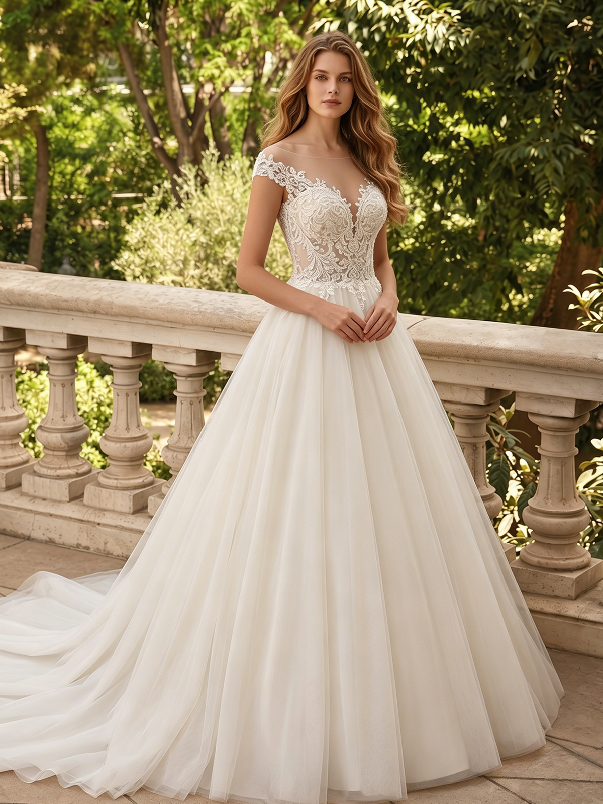 White lace applique spaghetti-strap wedding ball gown with pleated tulle skirt, front stance