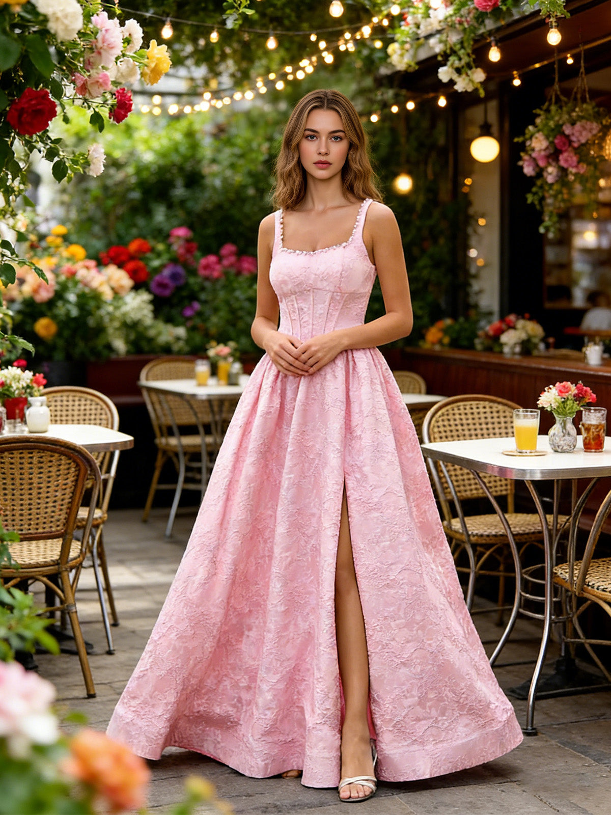 Pink jacquard prom ball gown with square neckline, wide straps, and long front slit