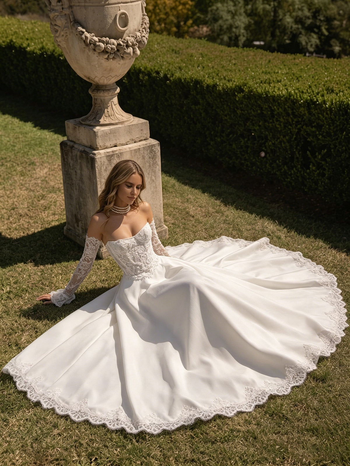 off shoulder lace ball gown wedding dress with corset back and train - image 3