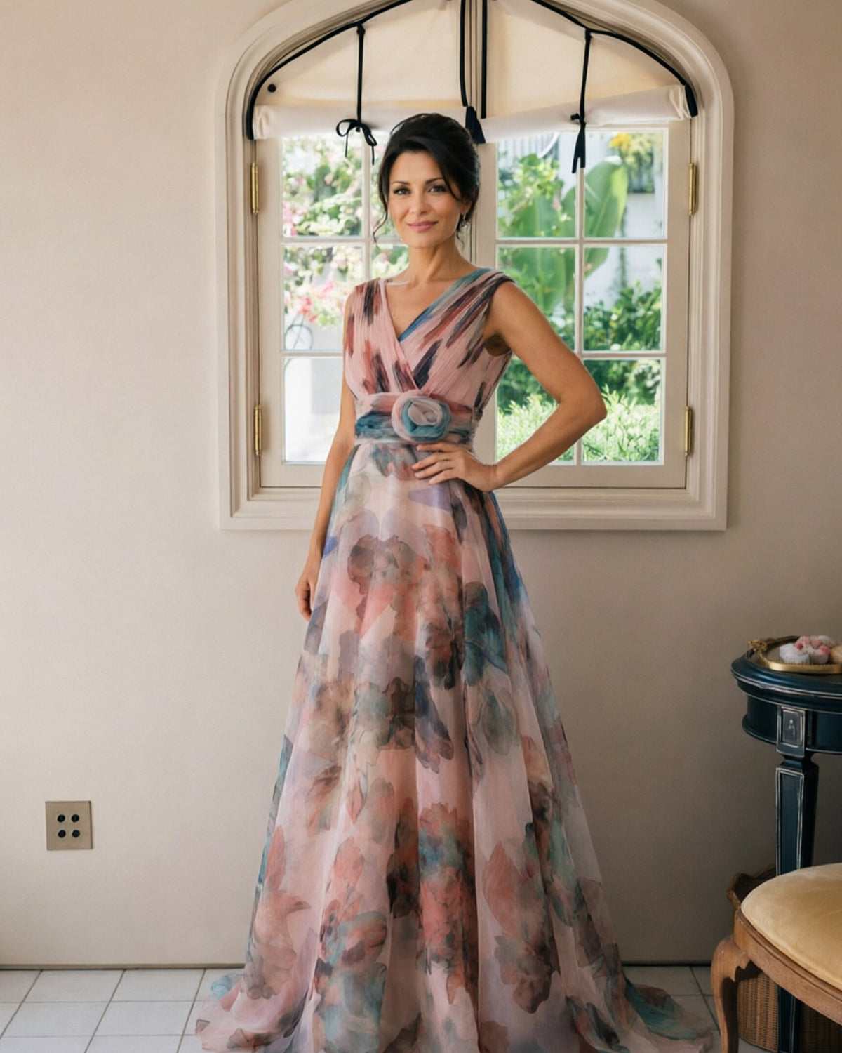 Floral chiffon V-neck mother-of-the-bride dress with rosette sash, full skirt, pink-blue