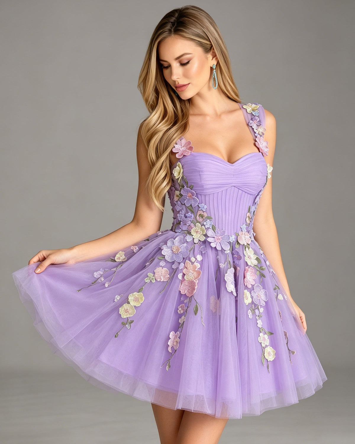 Lavender tulle A-line homecoming dress with floral appliques and ruffled straps