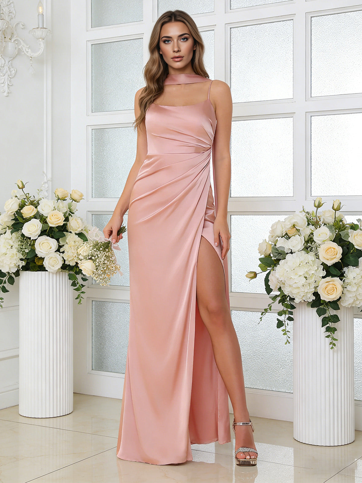 Blush pink one-shoulder satin bridesmaid dress with ruched drape and side slit