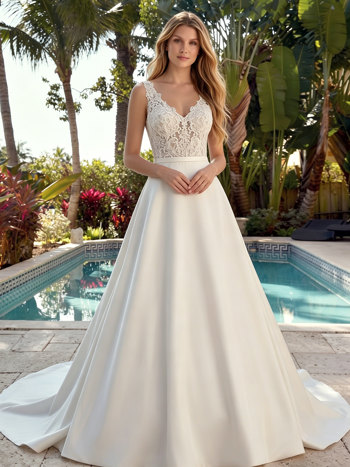 V-neck satin A-line wedding dress with lace bodice and train - image 3