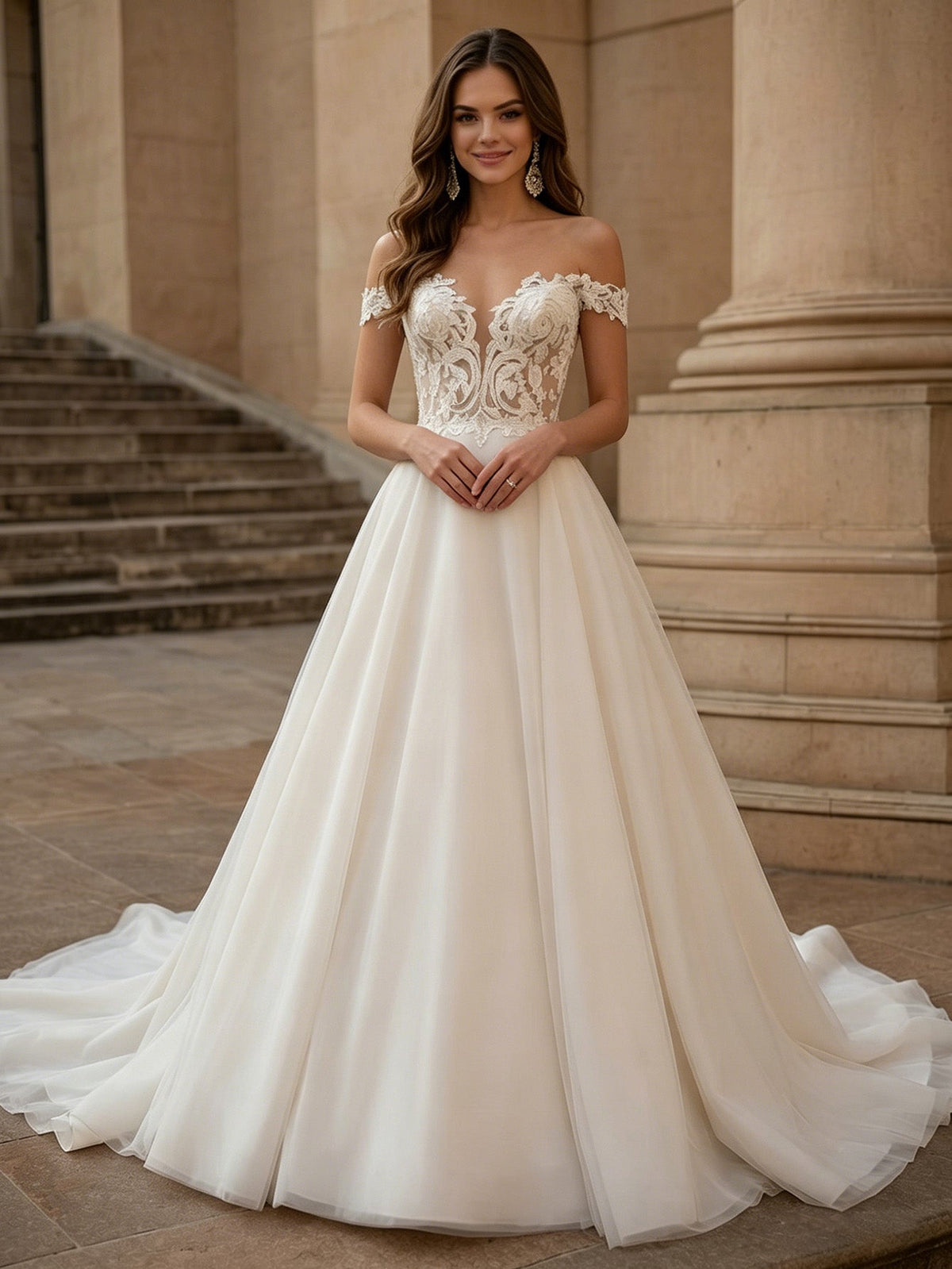 off shoulder lace A-line wedding dress with illusion bodice and train - image 3