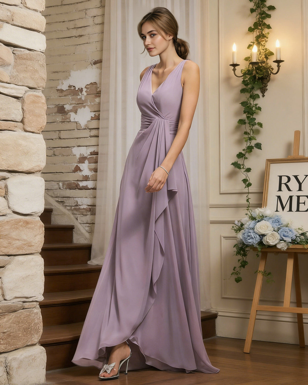 Lilac chiffon halter V-neck bridesmaid dress with draped sash waist and ruffled front detail