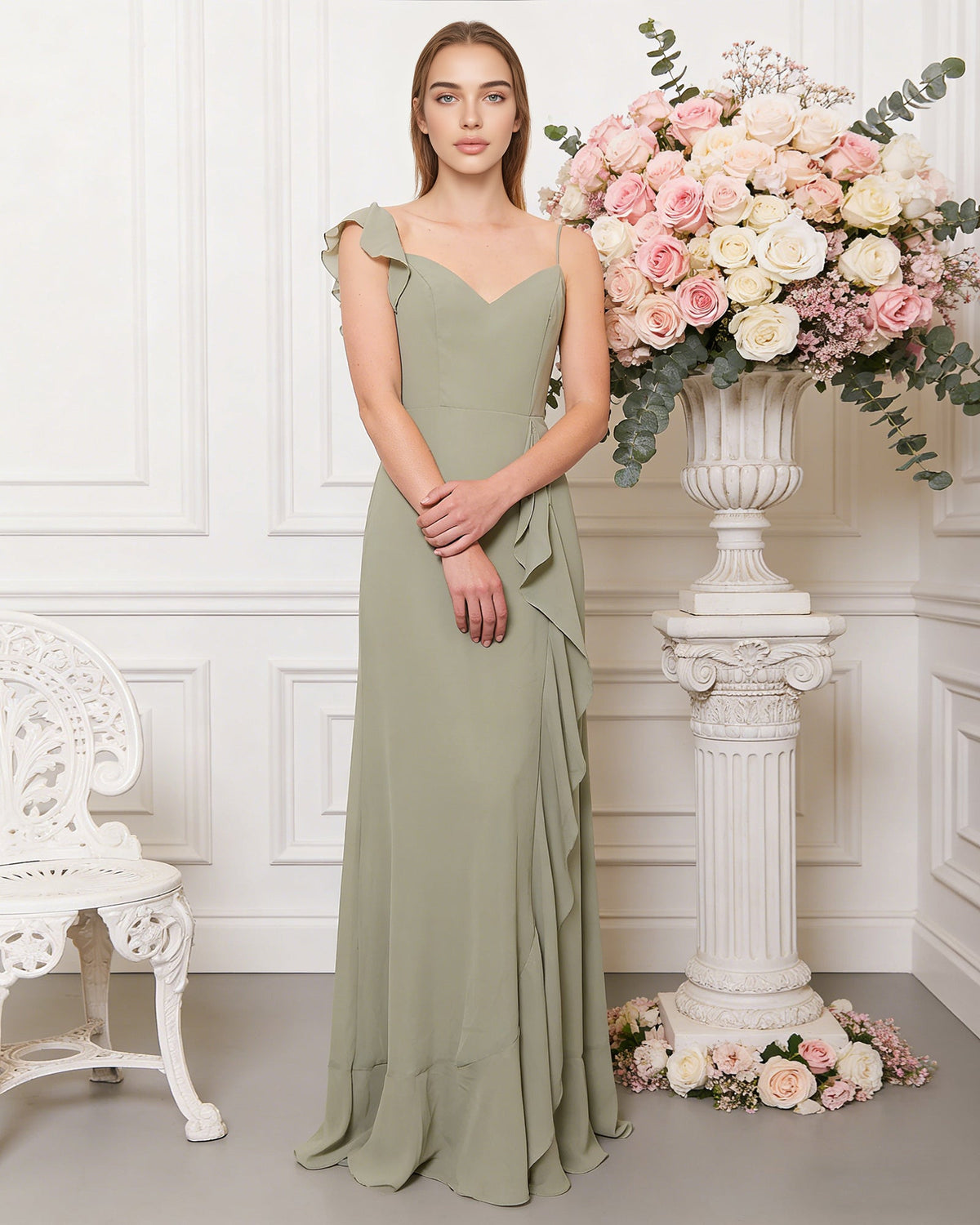 V-neck ruffle strap chiffon bridesmaid dress with cascading skirt - image 4