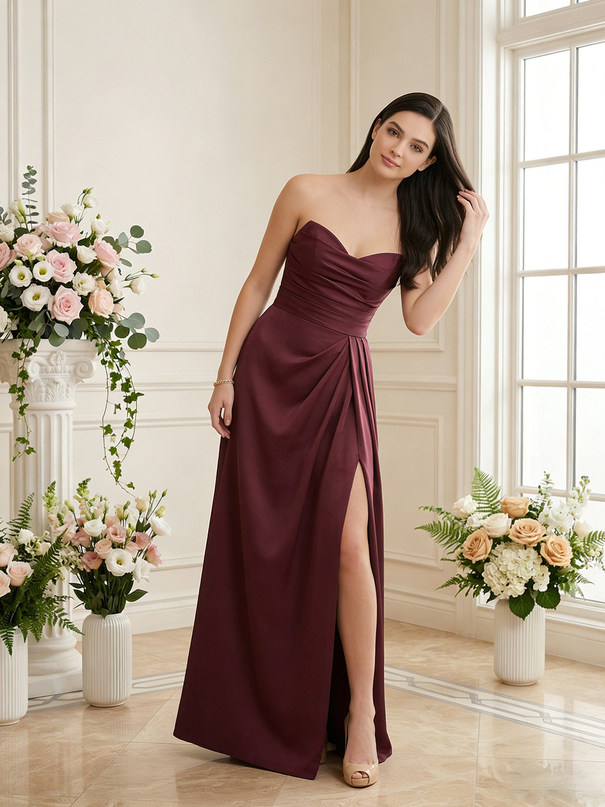 Strapless pleated satin bridesmaid dress in wine red with thigh-high side slit