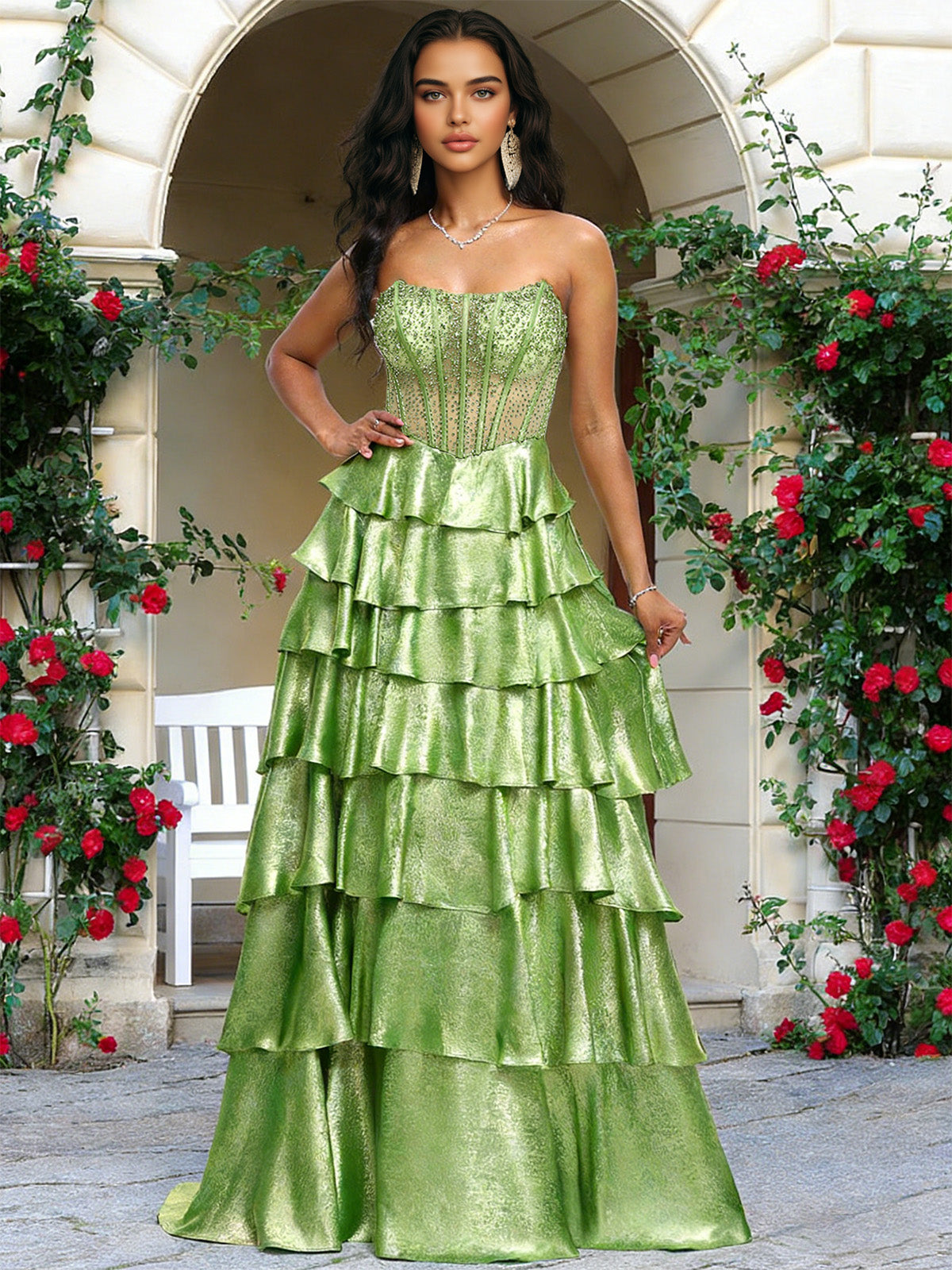 green strapless tiered sequin A-line prom dress with ruffle layers - image 3