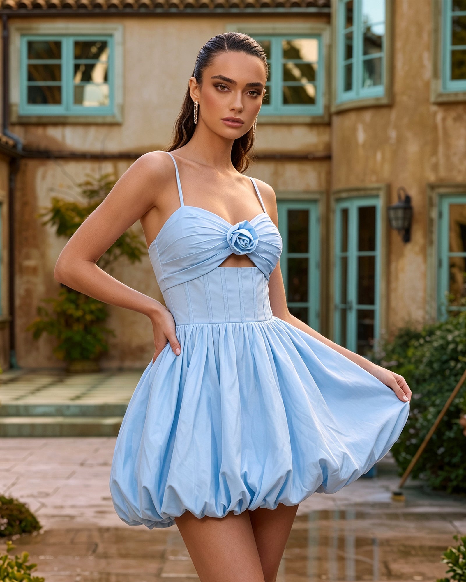 baby blue spaghetti strap rosette bubble hem homecoming dress - full look