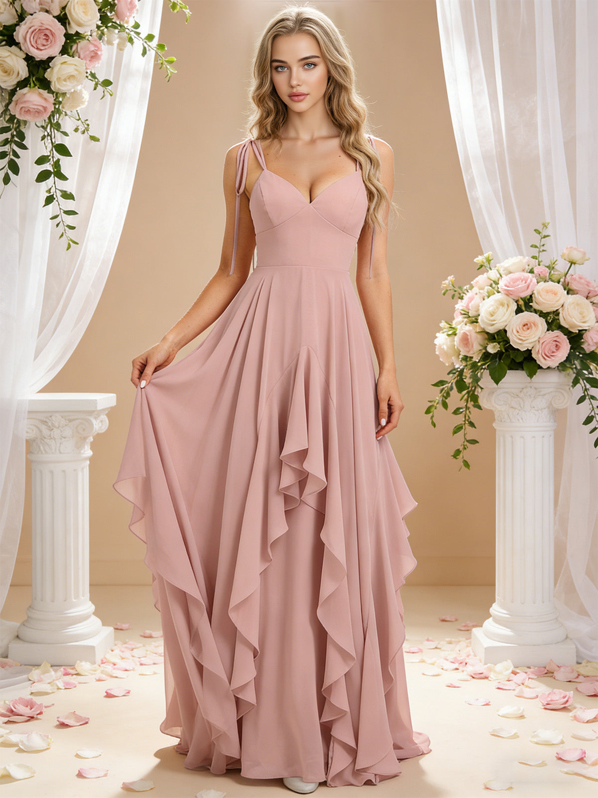spaghetti strap chiffon bridesmaid dress with cascading ruffle dress - image 4