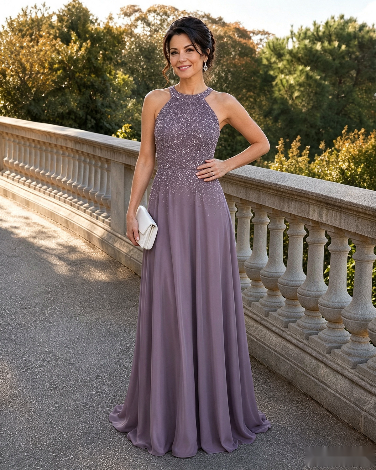 Lilac sequin halter-neck A-line mother of the bride dress with chiffon skirt