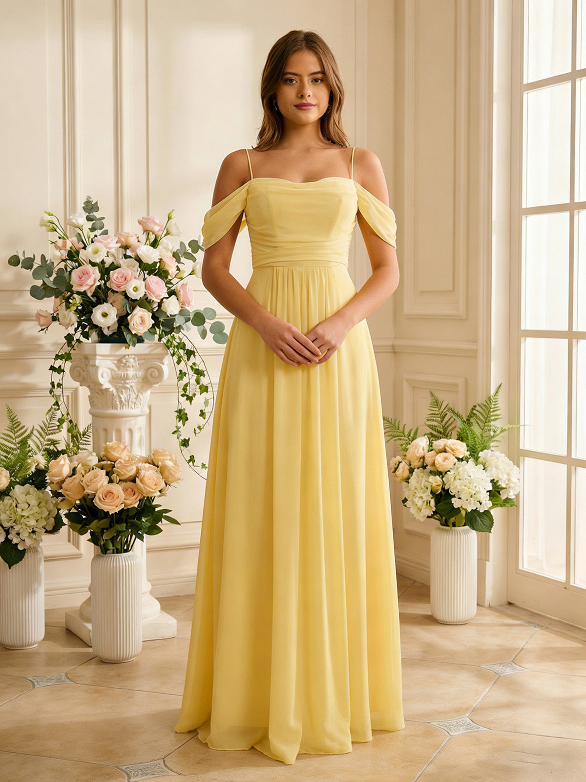 off shoulder chiffon bridesmaid dress with soft pleated bodice - image 3