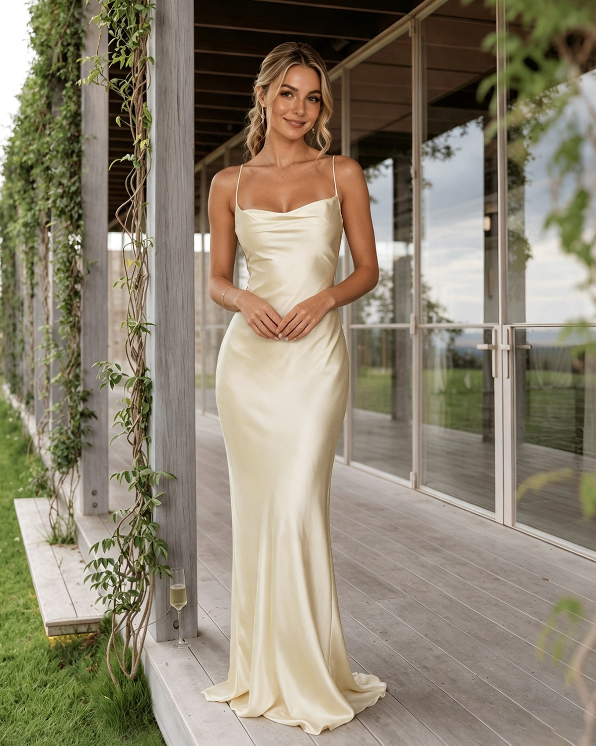 Satin slip bridesmaid dress with spaghetti straps and cowl neckline; cream