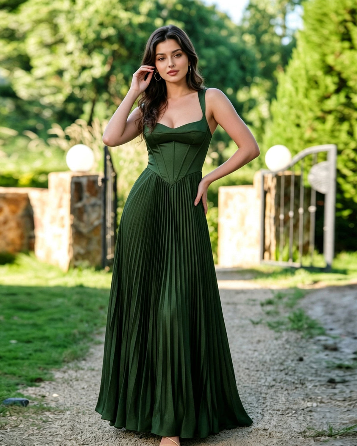 Square-neck corset pleated midi dress, dark emerald green with pleated skirt