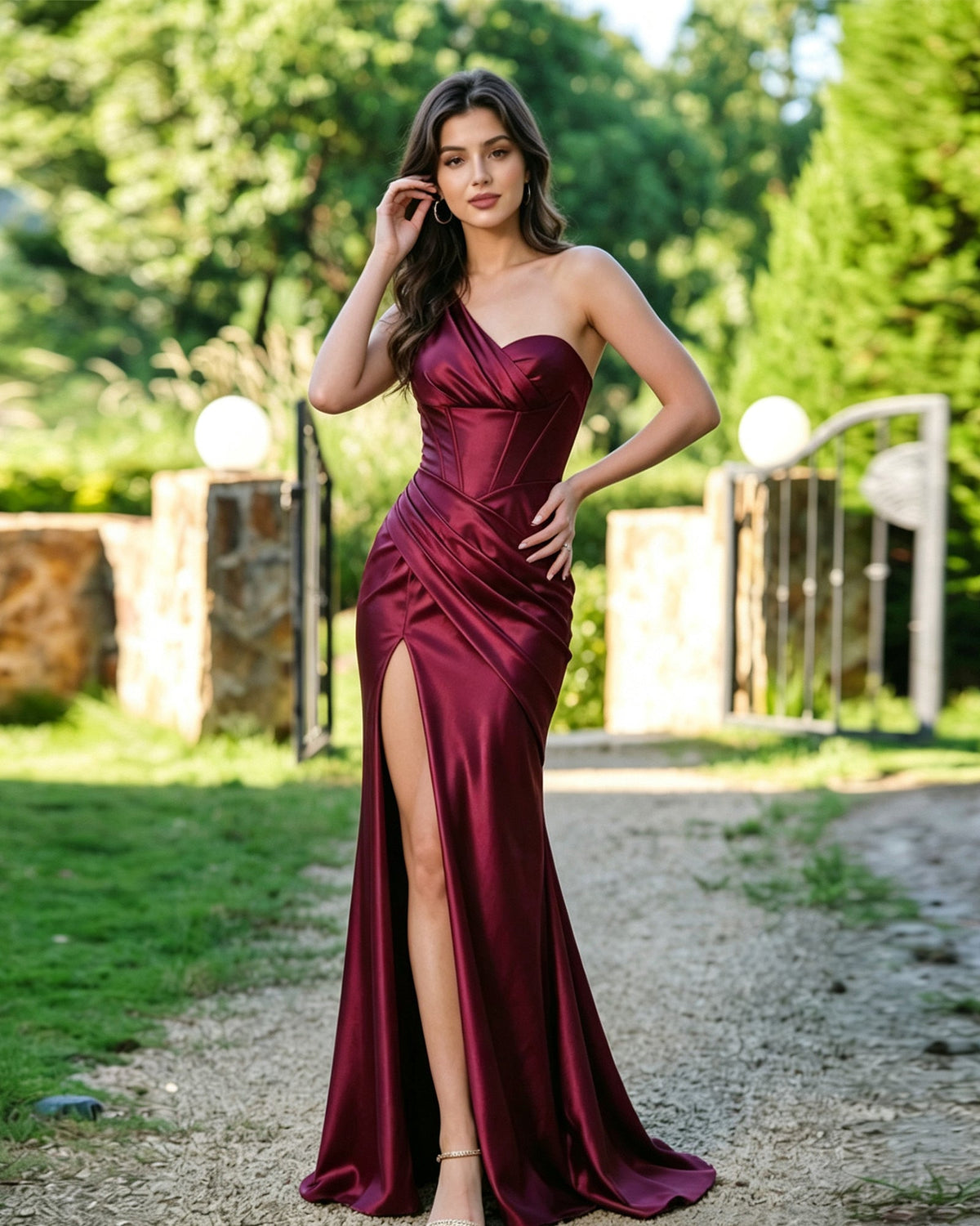 one shoulder satin formal dress with corset bodice and slit - image 3