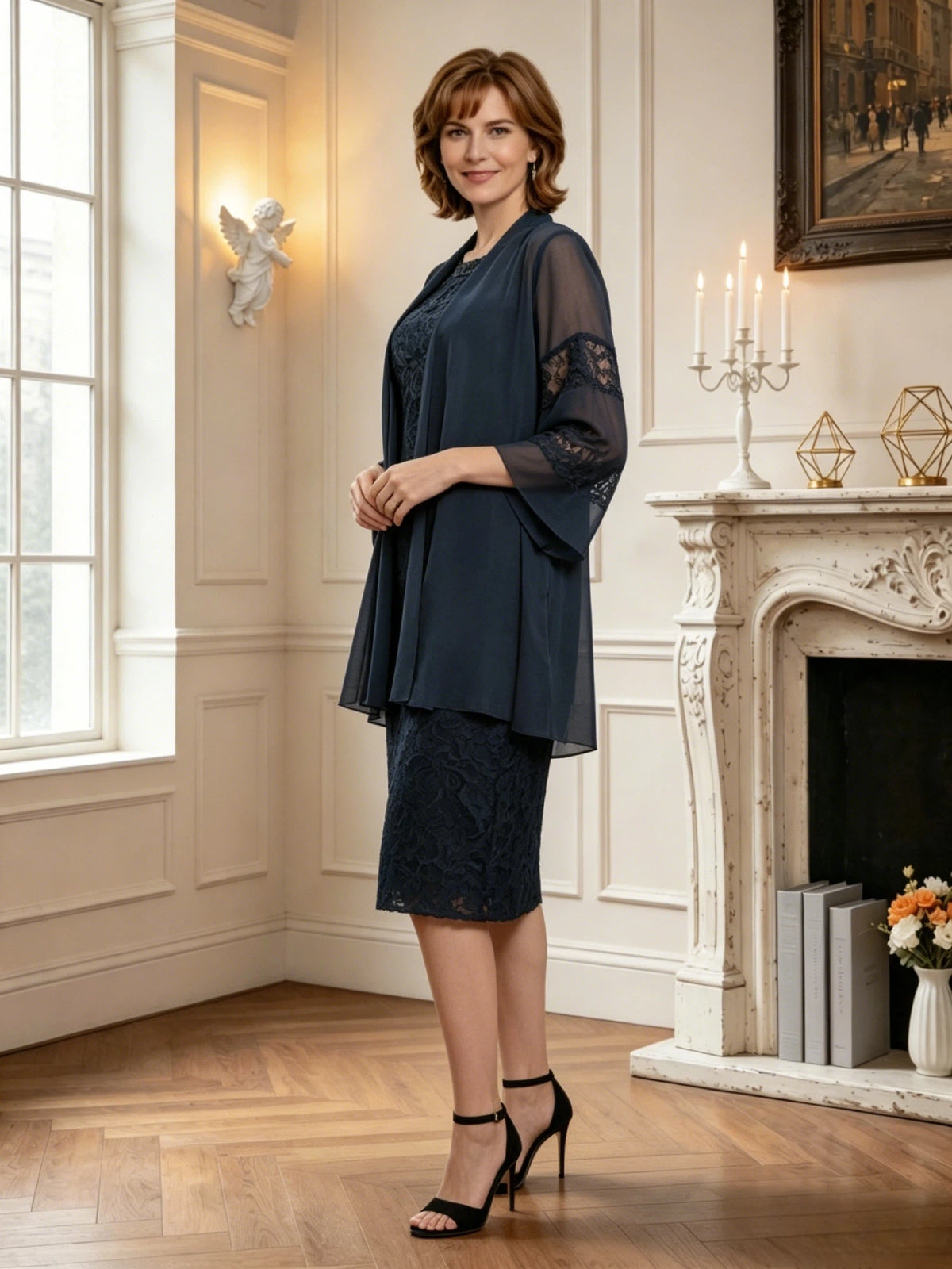 knee length lace mother of the bride dress with matching sheer chiffon jacket side angle showing the drape, fit, and formal occasion styling