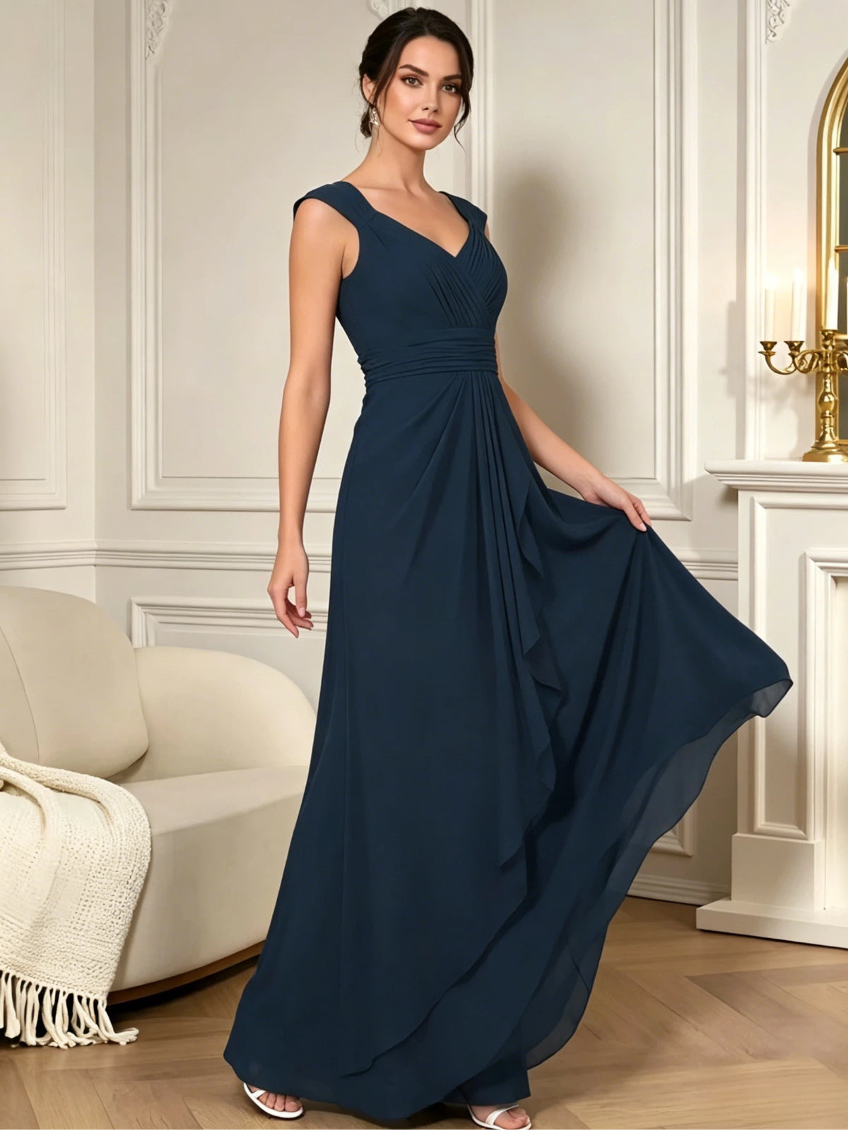 long sleeveless V-neck chiffon mother of the bride gown with pleated bodice and cascading ruffle detail side angle showing the drape, fit, and formal occasion styling