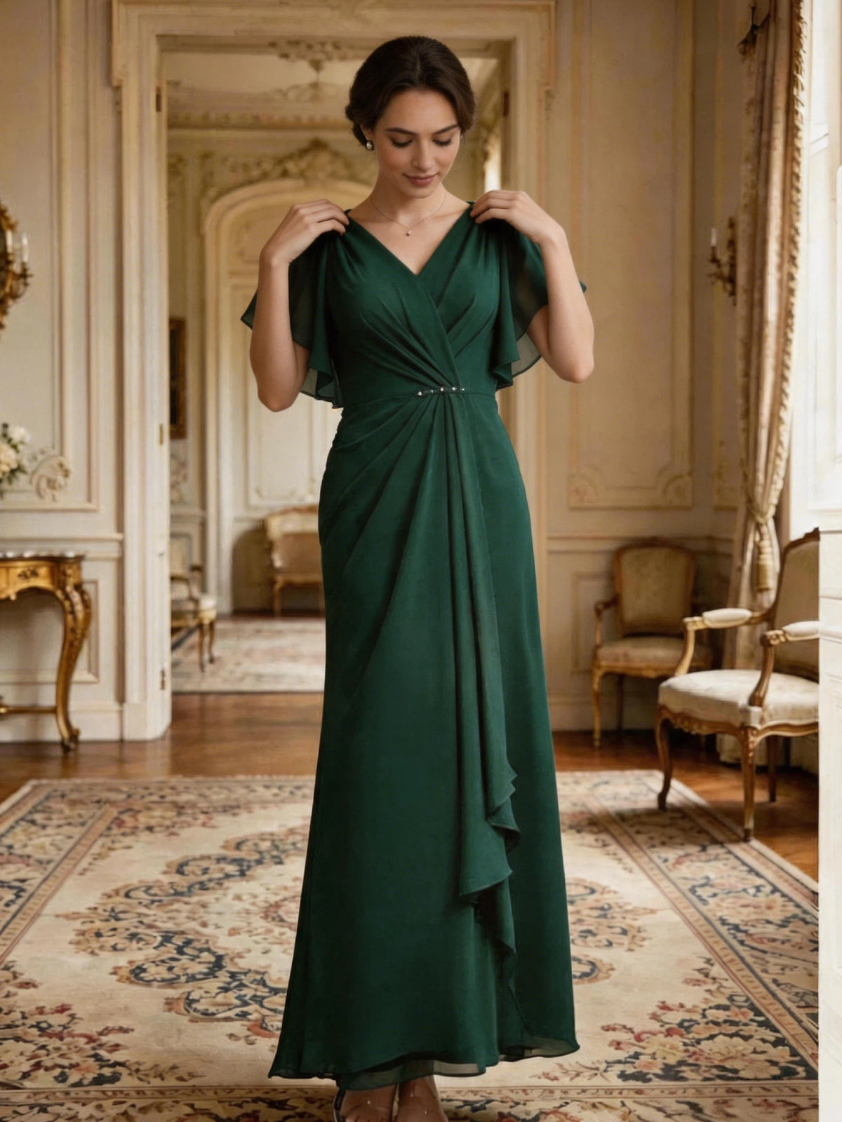 Deep green V-neck chiffon mother-of-the-bride dress with flutter sleeves and beaded waist detail