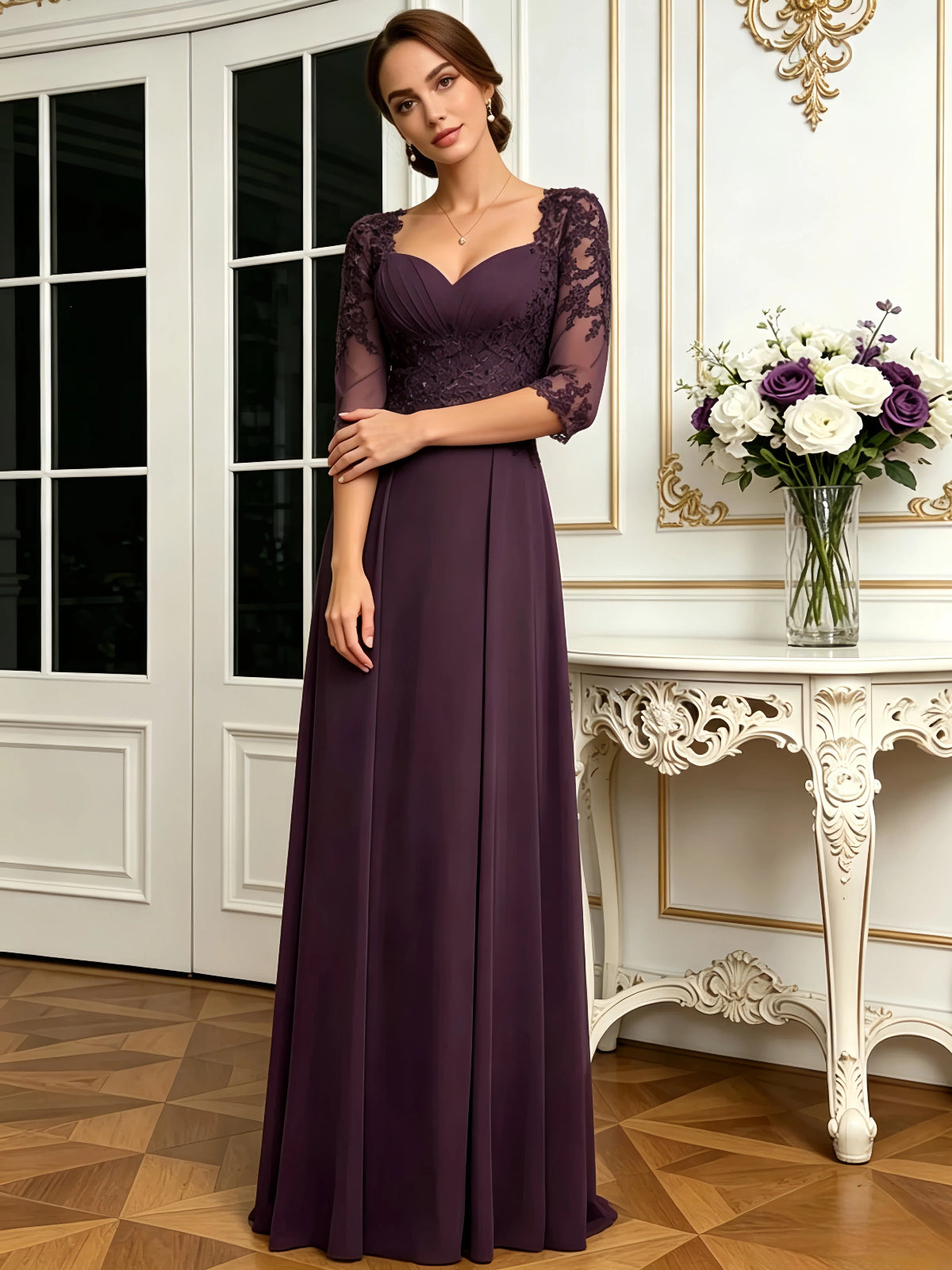 long sweetheart mother of the bride dress with lace jacket, chiffon skirt, and A-line silhouette full outfit view for ceremony and reception styling