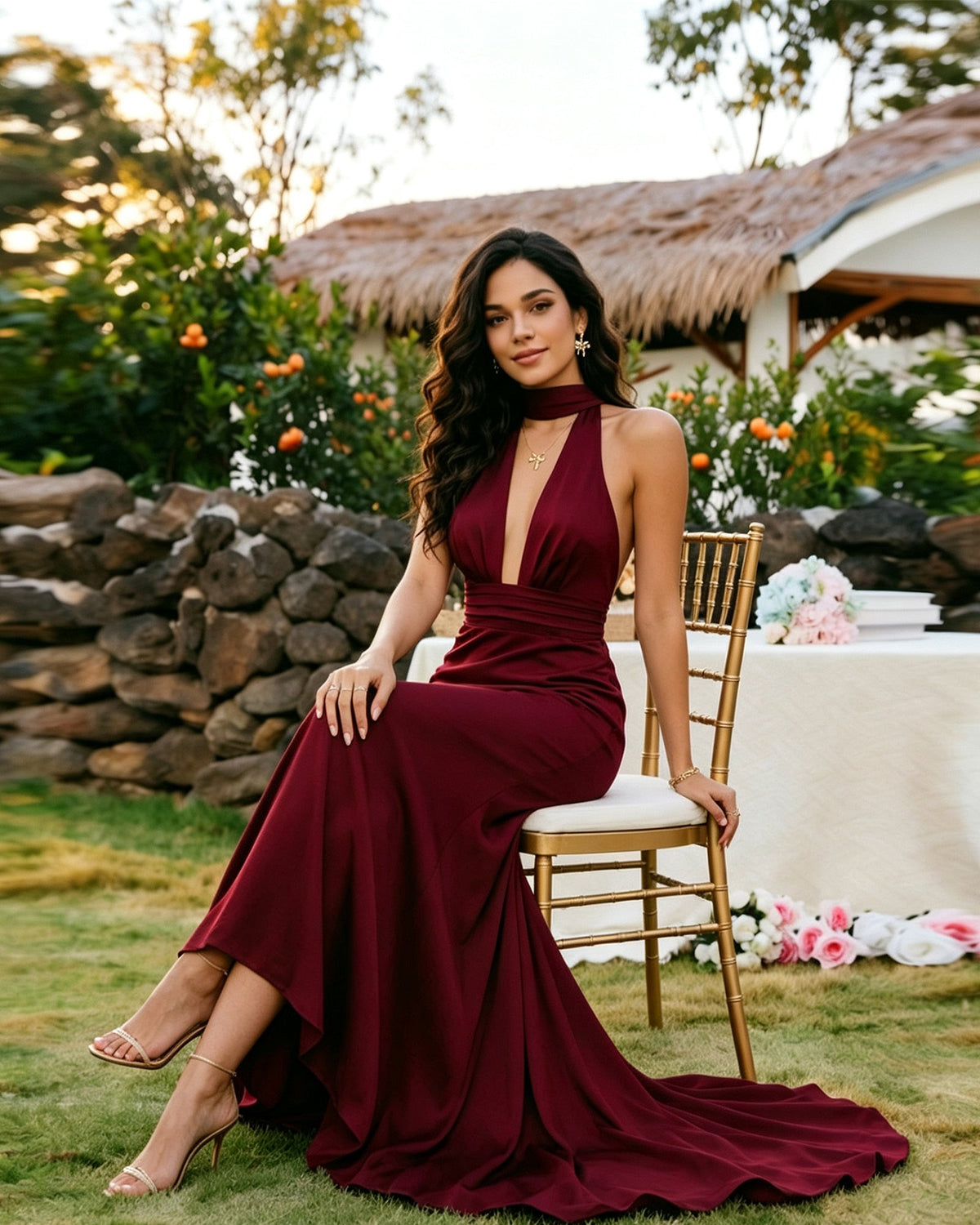 plunging halter satin formal dress with ruched waist - image 4