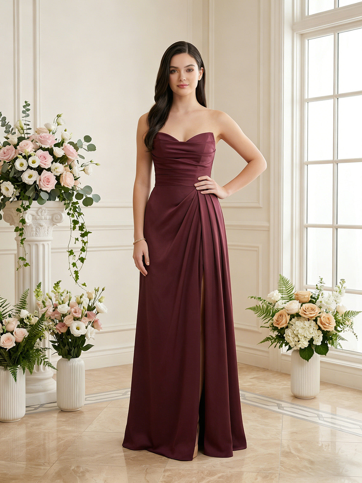 Strapless pleated satin bridesmaid gown in wine red with side slit and ruching