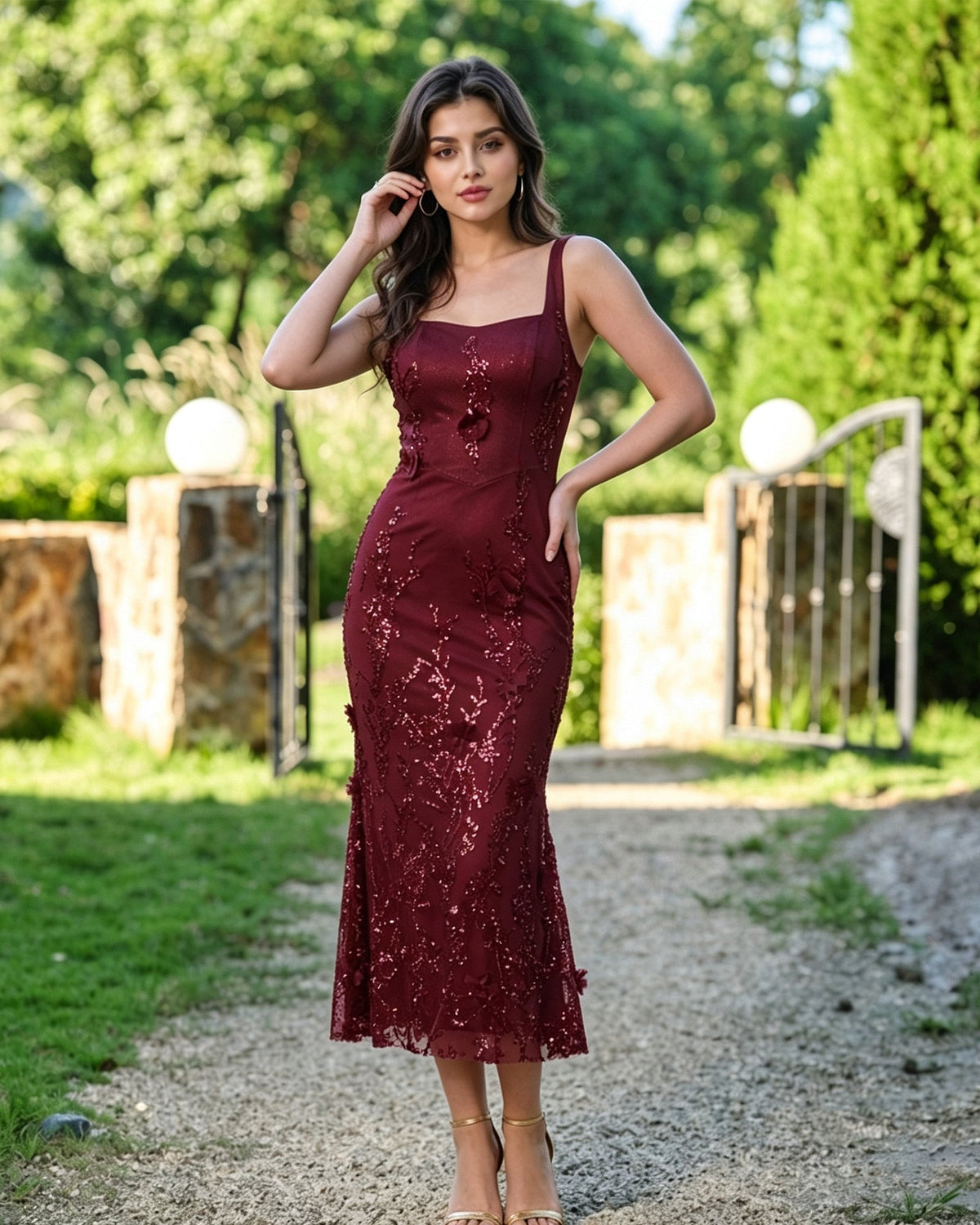 Burgundy square-neck sequin lace midi formal dress with floral applique and thin shoulder straps