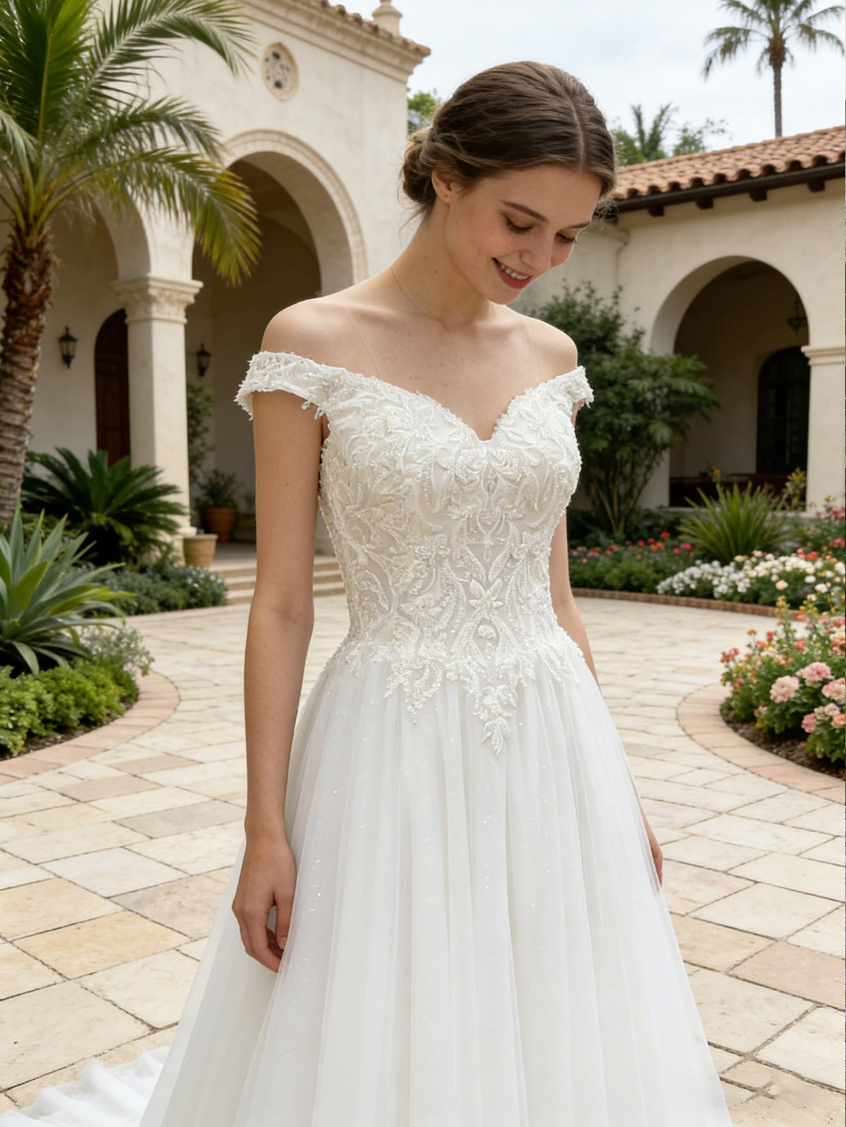 White lace tulle A-line wedding dress with sweetheart neckline, off-shoulder lace bodice