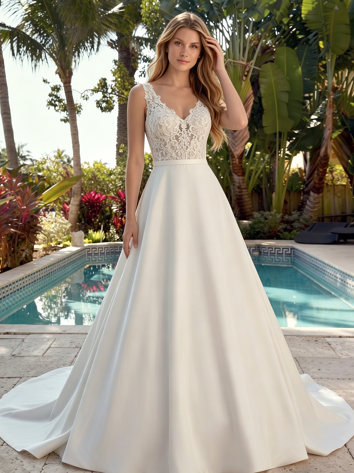 V-neck satin A-line wedding dress with lace bodice and train - image 4