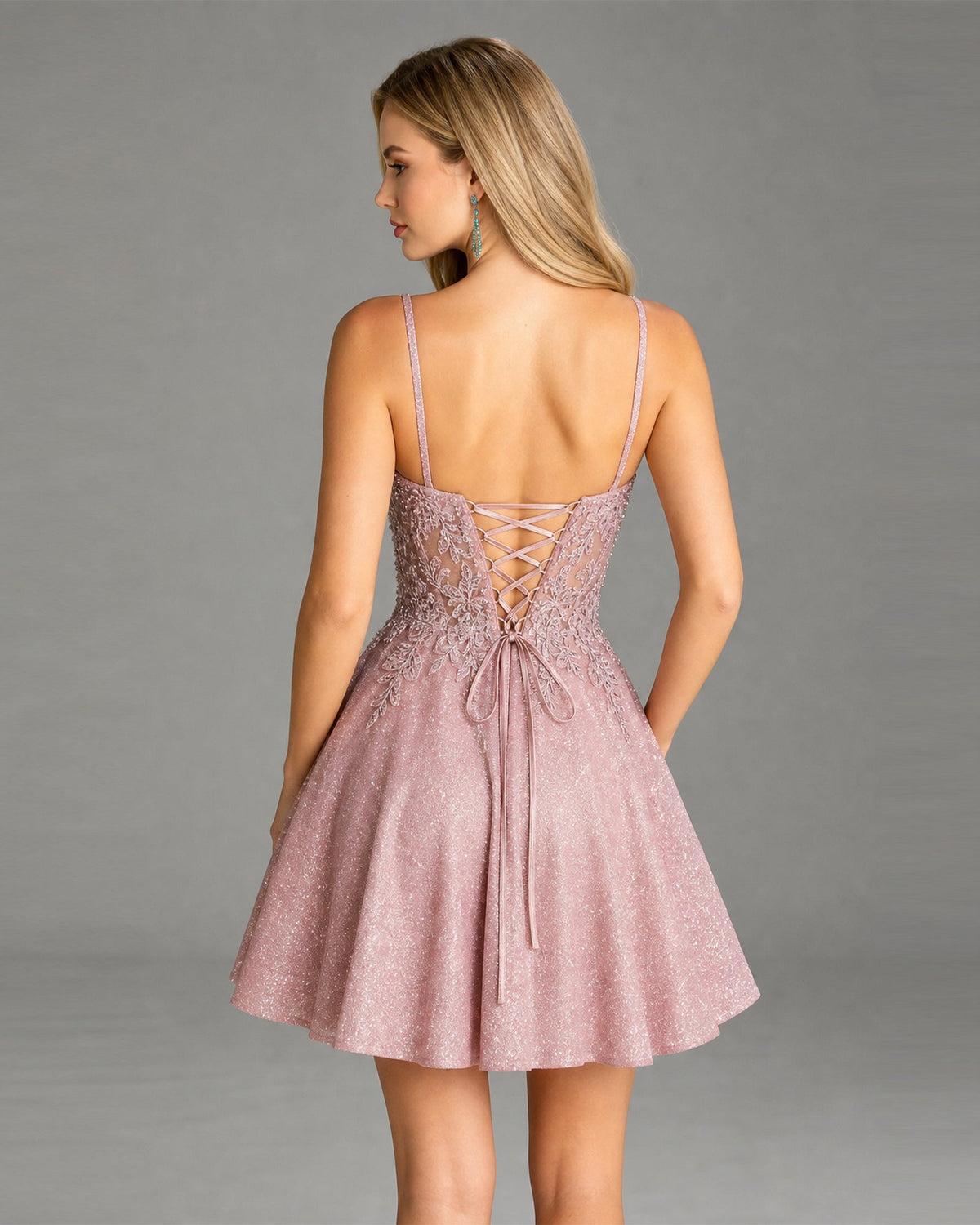 spaghetti strap lace corset glitter A-line homecoming dress - view 4
