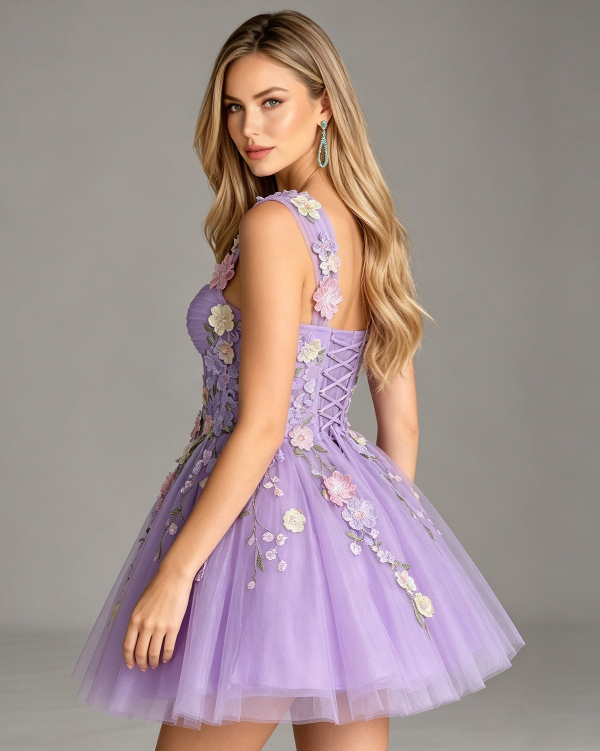 Lavender tulle A-line dress, side view, embroidered floral appliques and sheer skirt