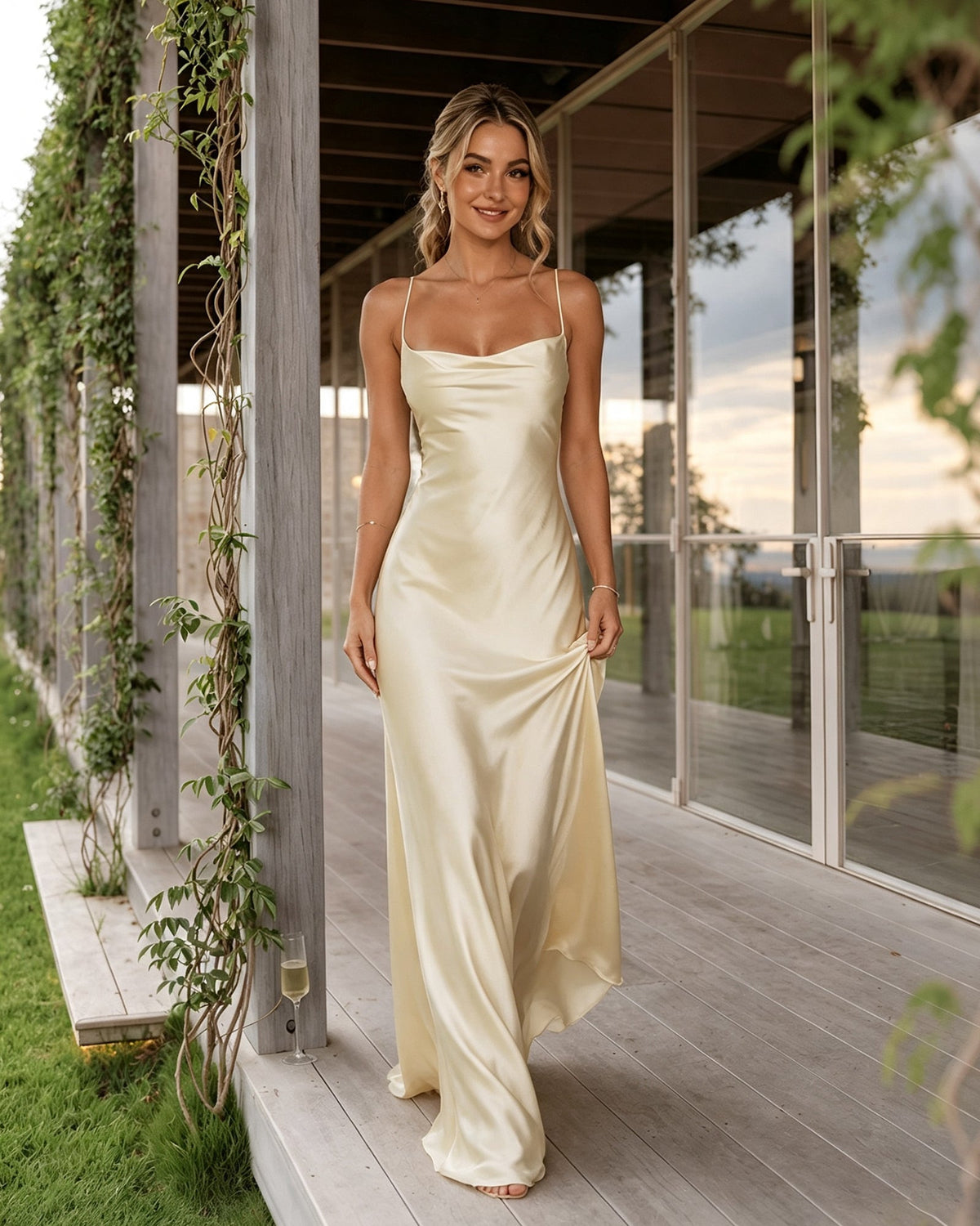 Satin slip bridesmaid dress with spaghetti straps and cowl neck; cream