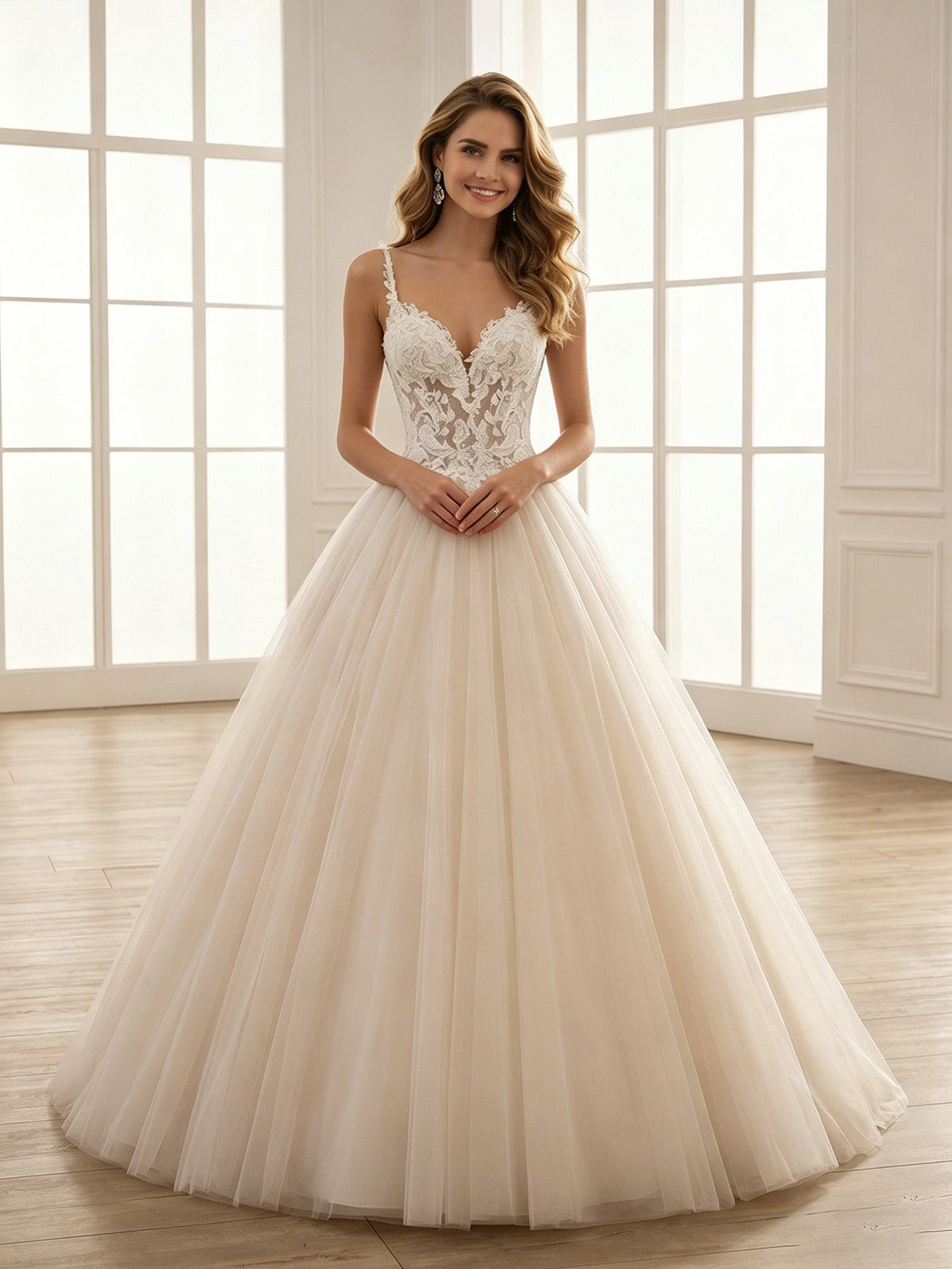 Ivory lace tulle ball gown wedding dress with sweetheart neckline and beaded lace bodice