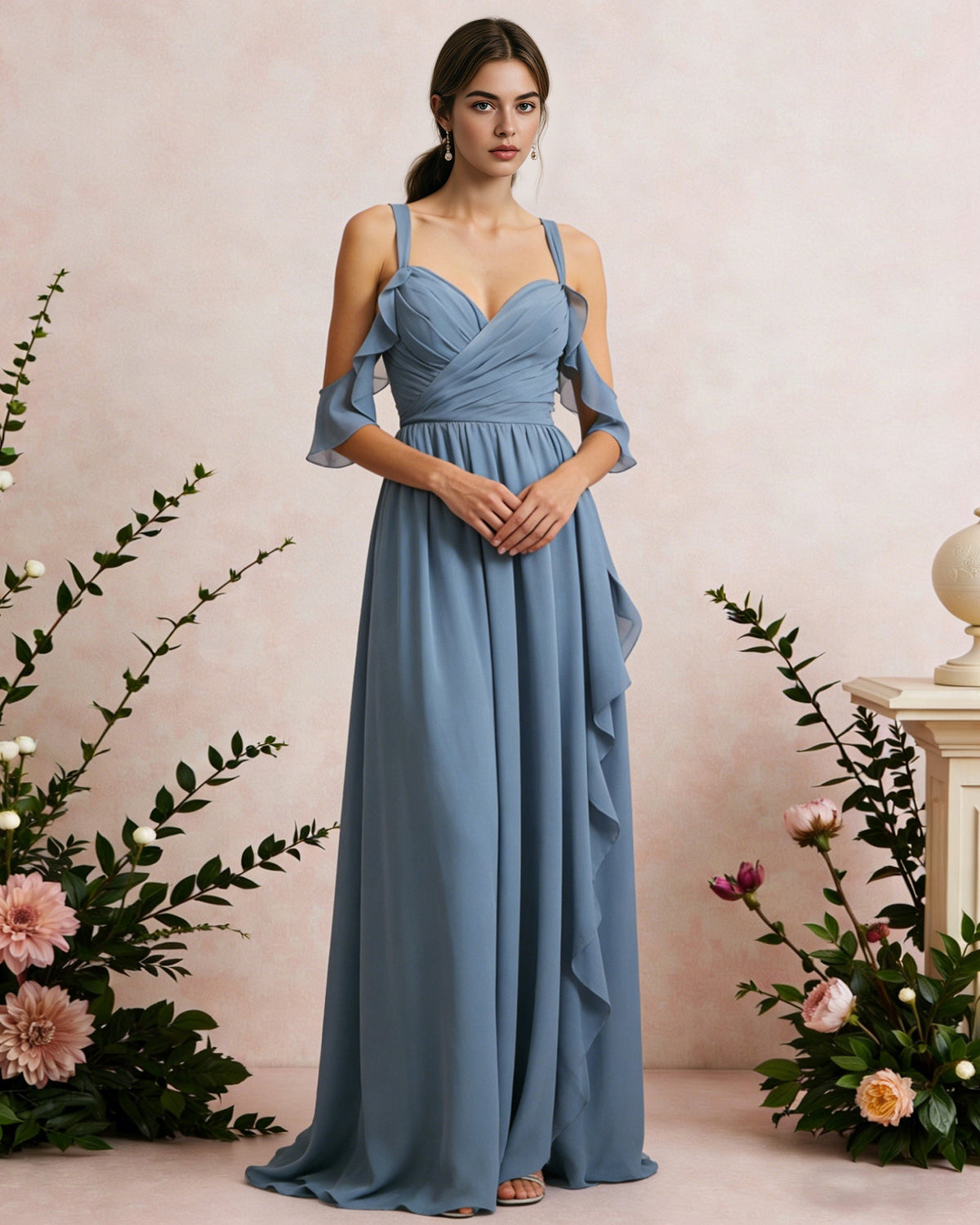 Sky-blue chiffon cold-shoulder maxi dress with draped V-neck bodice, ruched waist, flutter sleeves