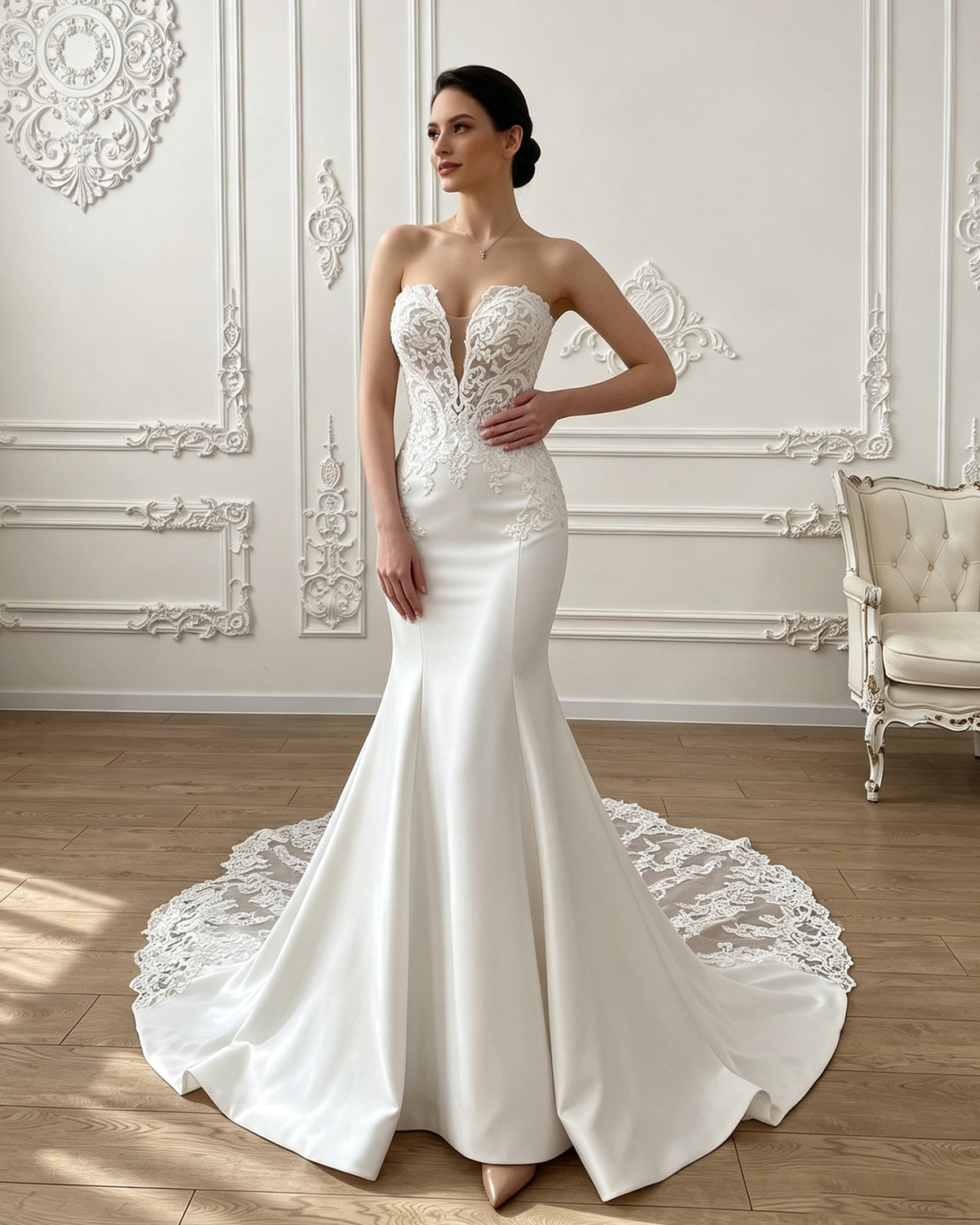 White strapless mermaid wedding dress with lace corset bodice and sweeping chapel train