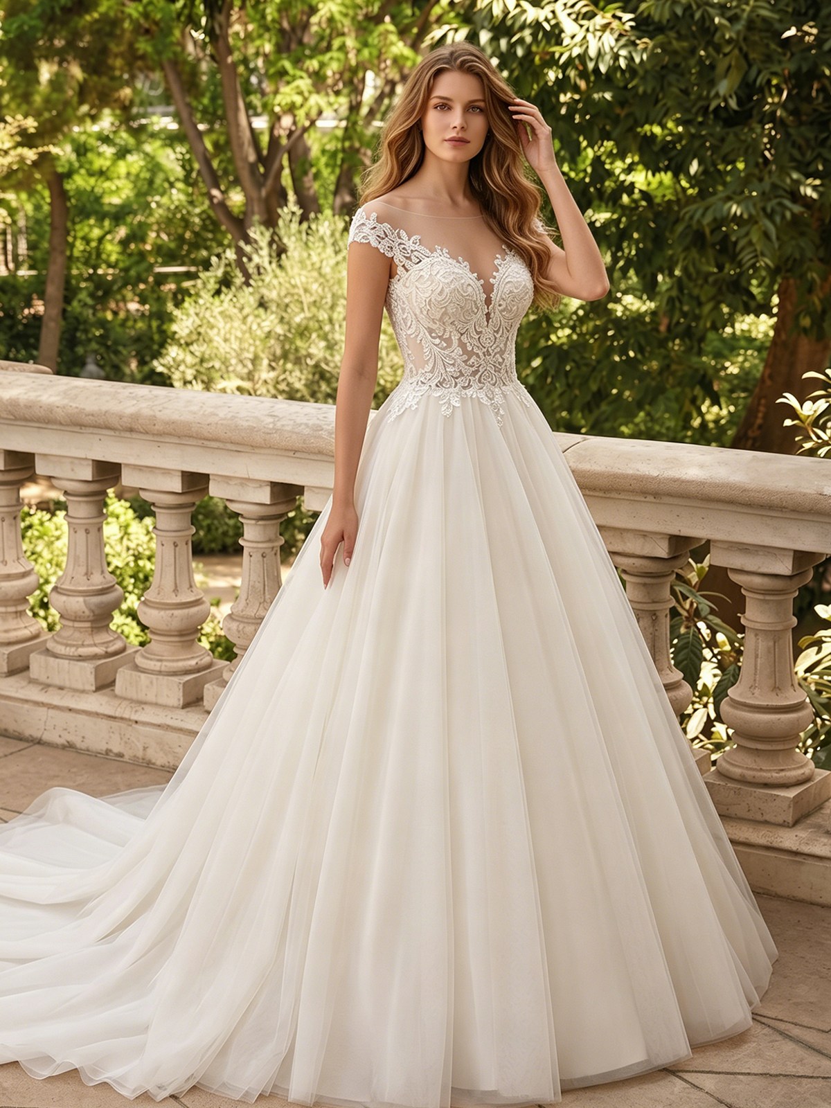 White lace spaghetti-strap wedding ball gown with full tulle skirt, hand-to-hair pose