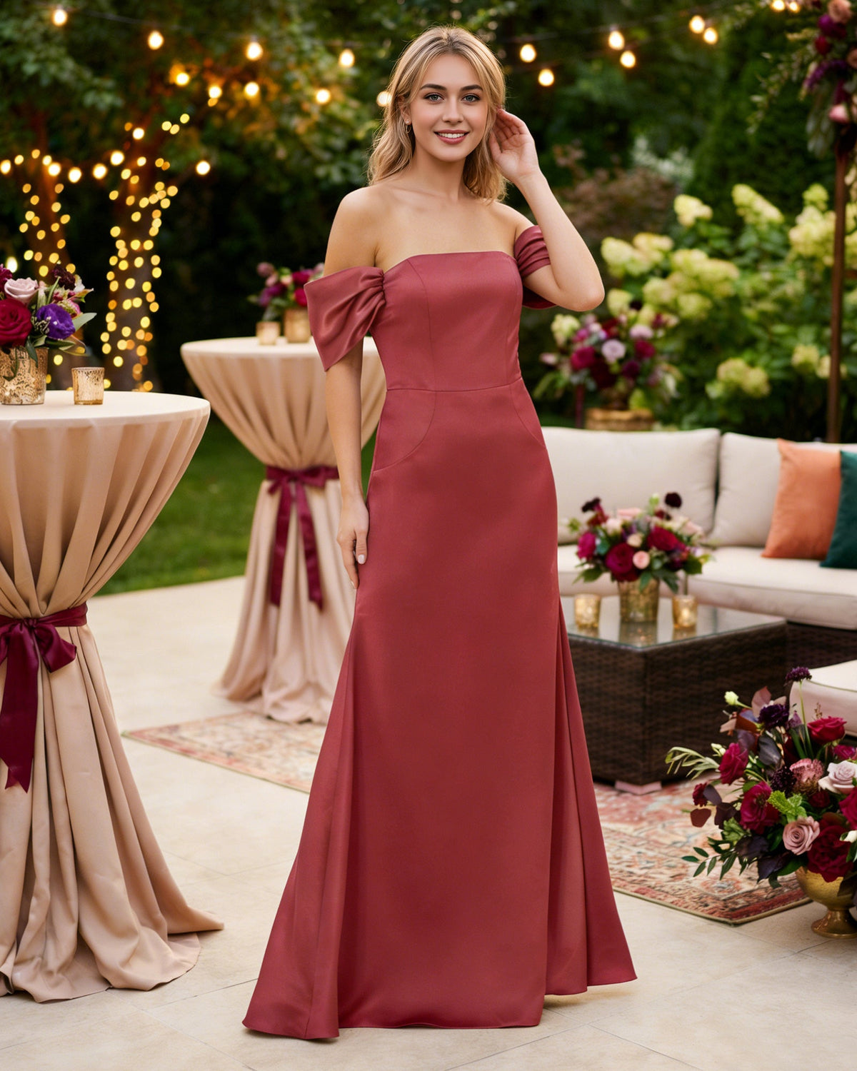 off shoulder satin bridesmaid dress with foldover neckline and trumpet skirt - image 4