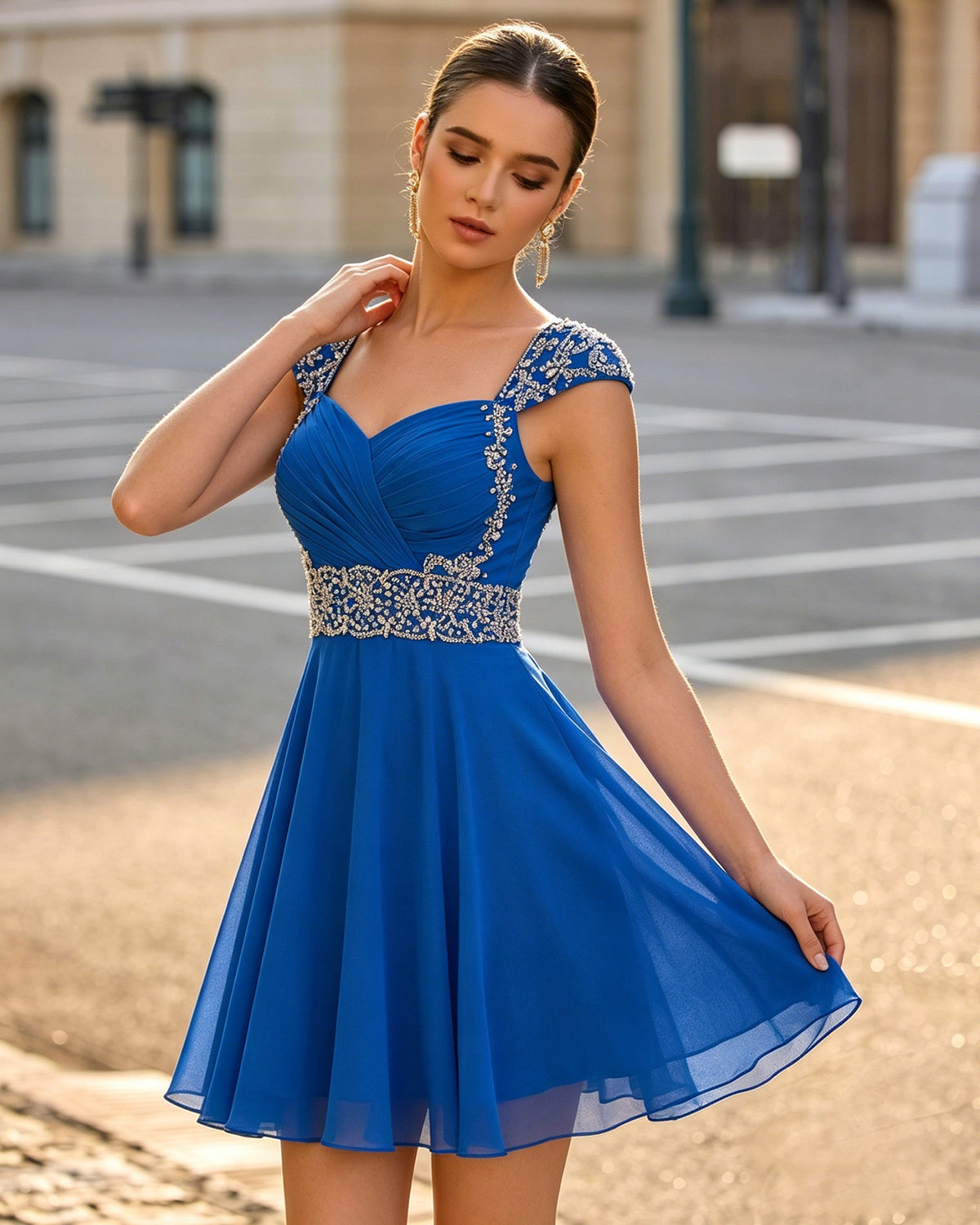 Blue sweetheart ruched chiffon homecoming dress with beaded cap sleeves, short hem