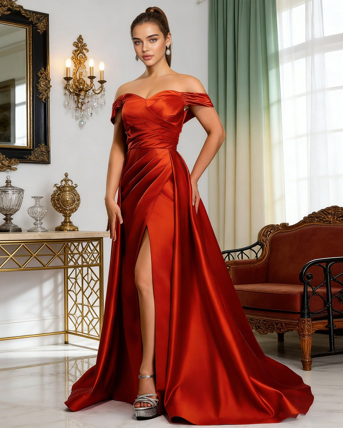 Red off-shoulder satin ball gown with draped waist and high front slit