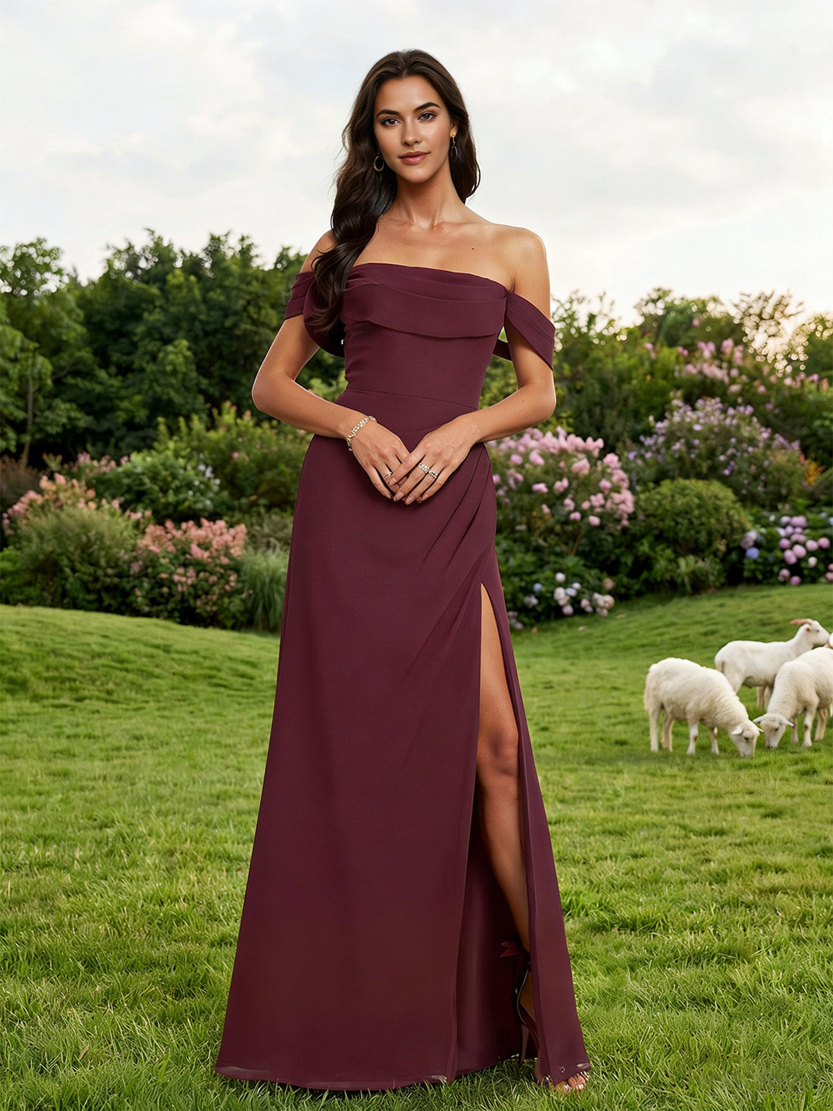 off shoulder crepe bridesmaid dress with foldover neckline and slit - image 4