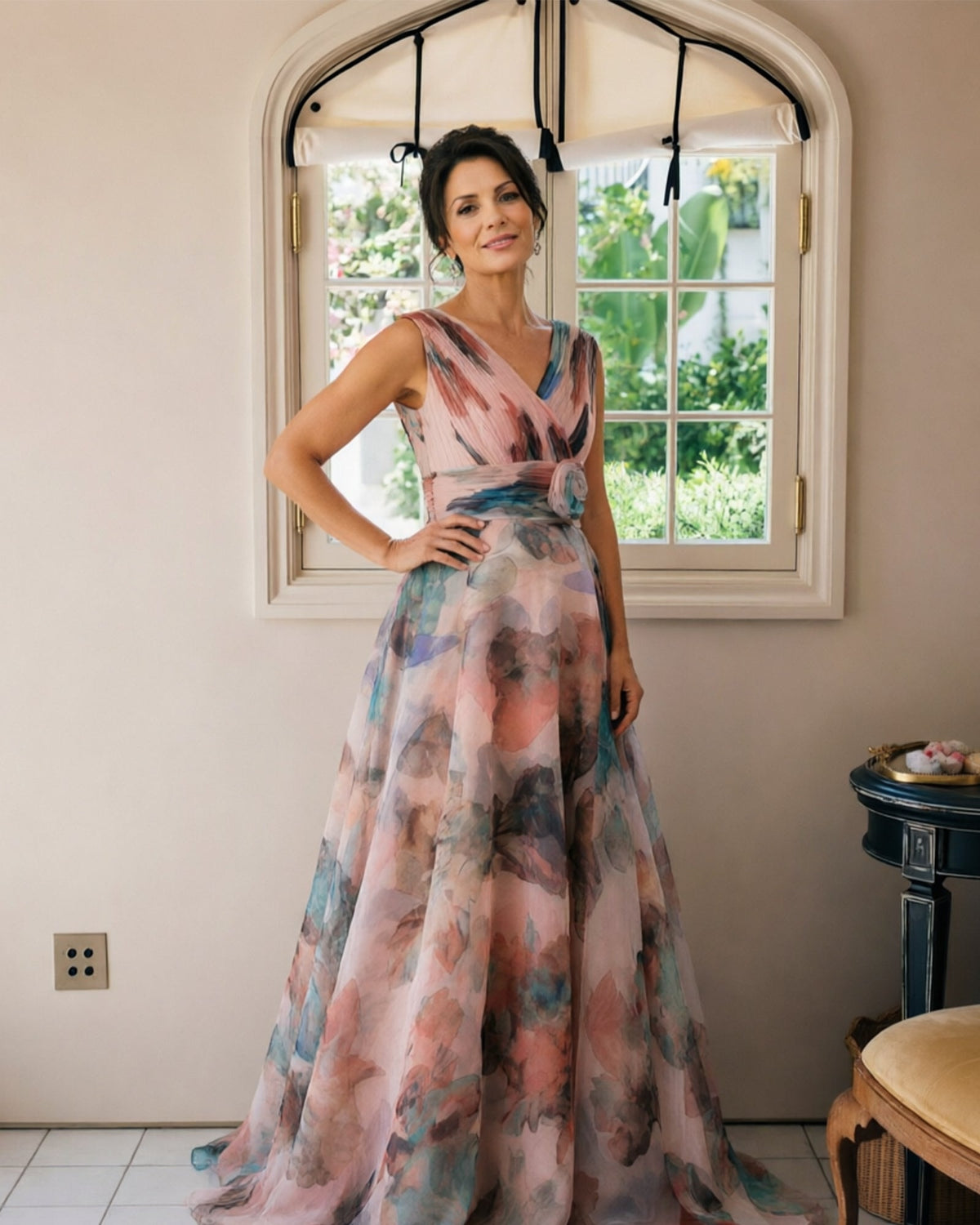 Floral print chiffon V-neck dress with rosette waist sash, pink-blue floral print